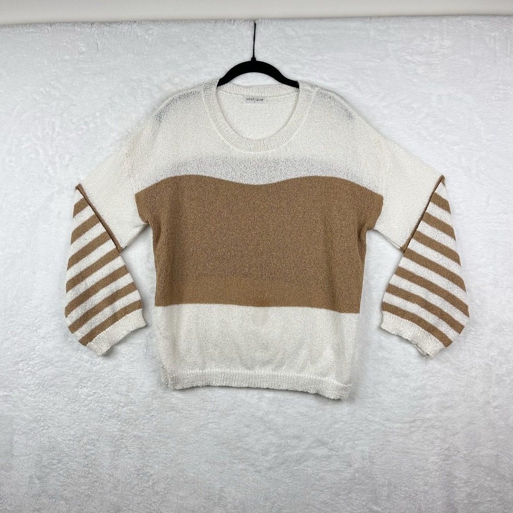 Vestique Sweater‎ Womens Small White Tan Lightweight Long Sleeve Striped Top EUC